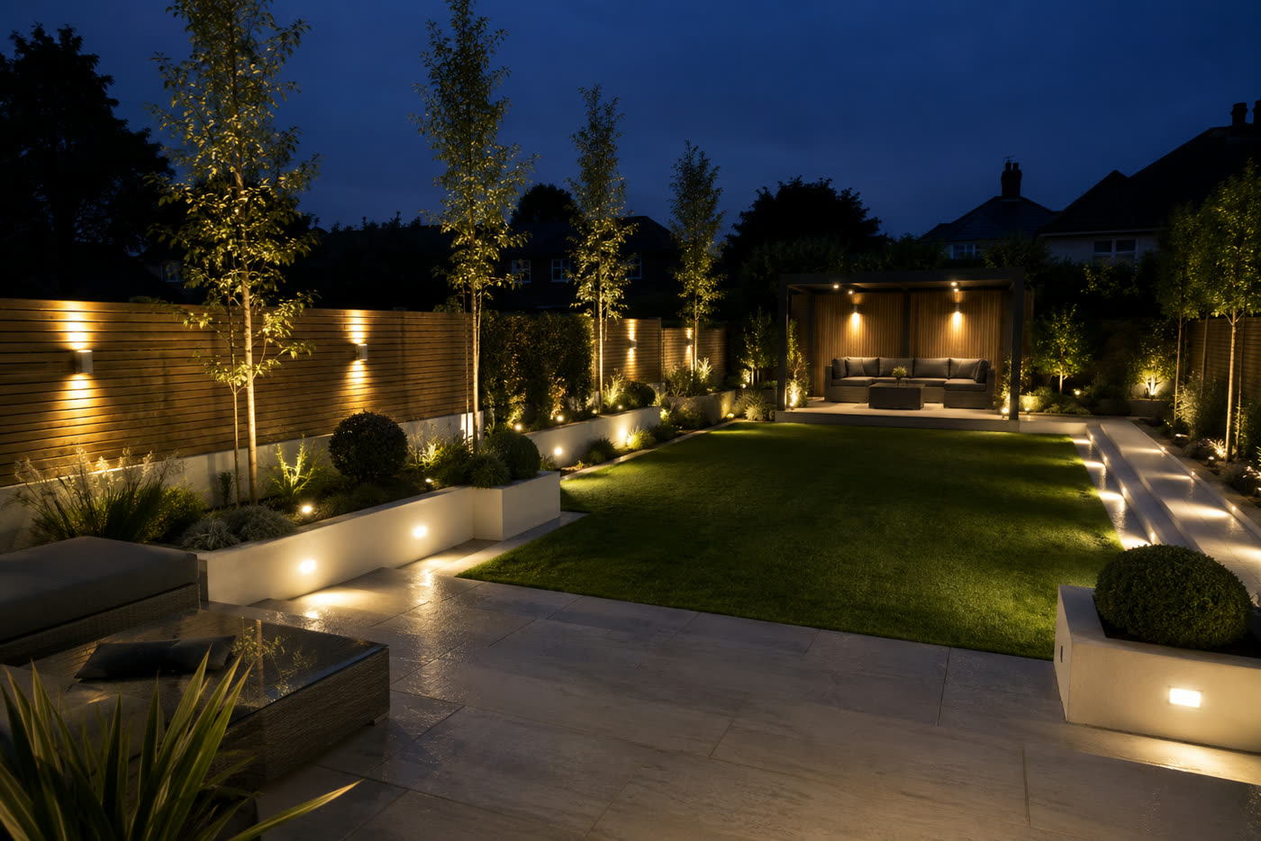 Garden Lighting Design — Pergola feature lights, fence uplights & low-glow ground markers