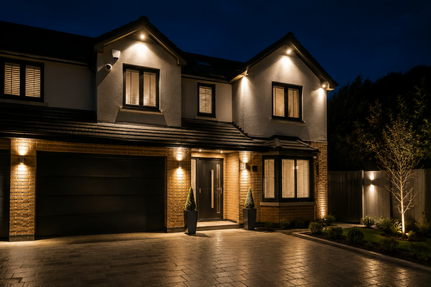 Driveway & Exterior Lighting — Wall up/down lights + uplit shrubs and pathway