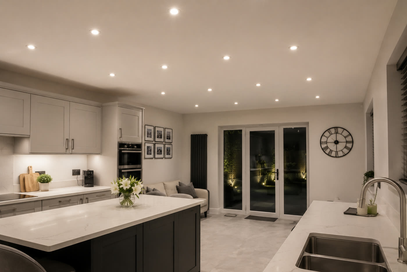 Kitchen LED Downlights — Full recessed downlight scheme with under-cabinet strip