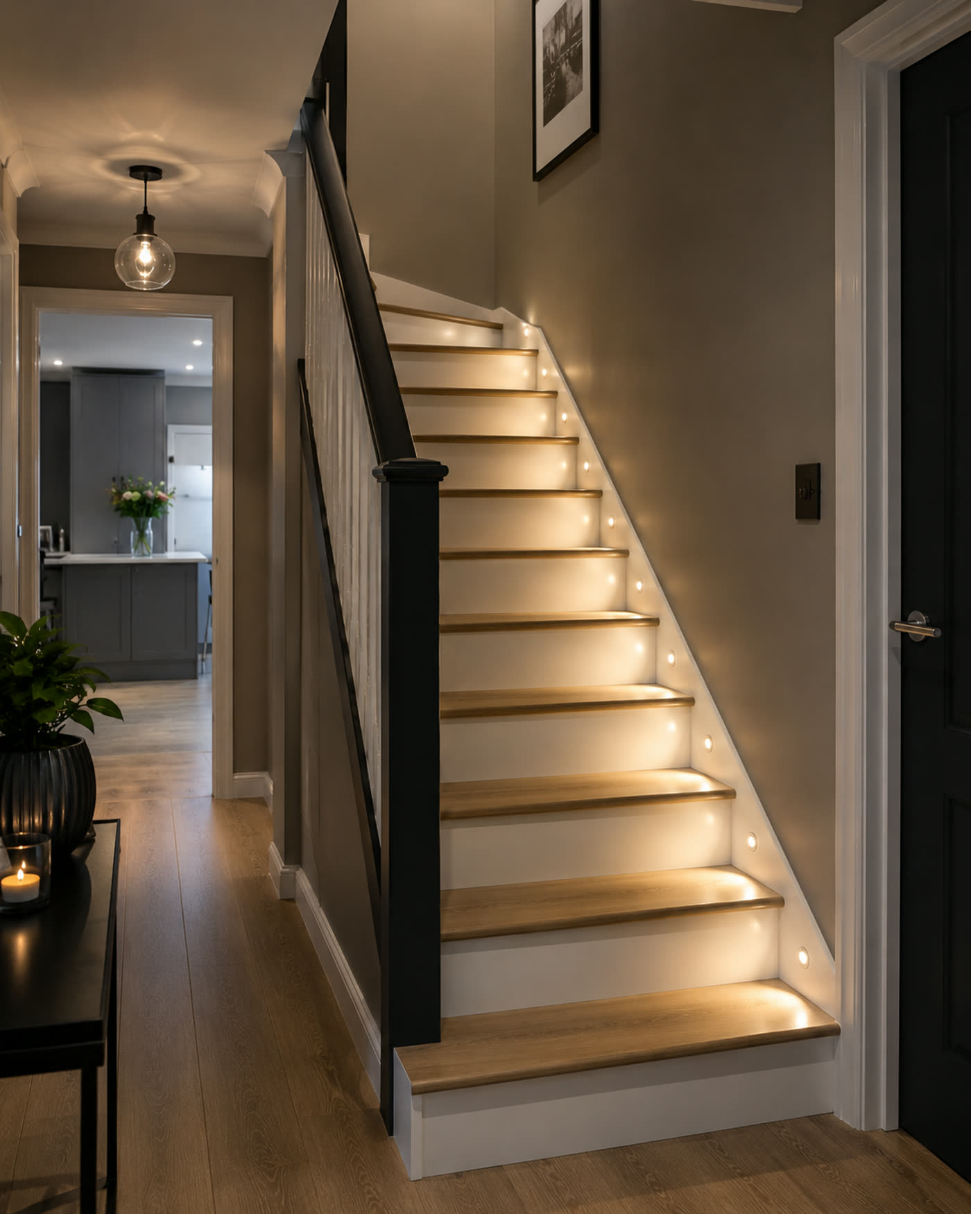 Staircase Step Lighting — Recessed riser lights with warm-white LED strip